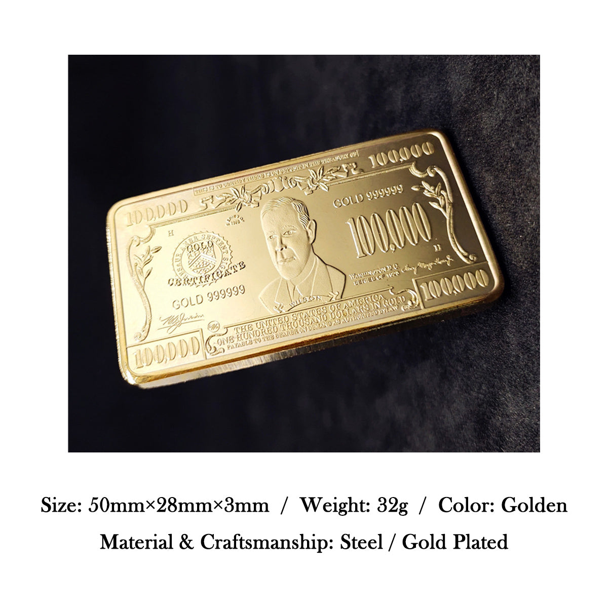 100,000-Dollar Gold-Plated Commemorative Coin – Intricate Portrait & US Bill Design, Collector’s Edition