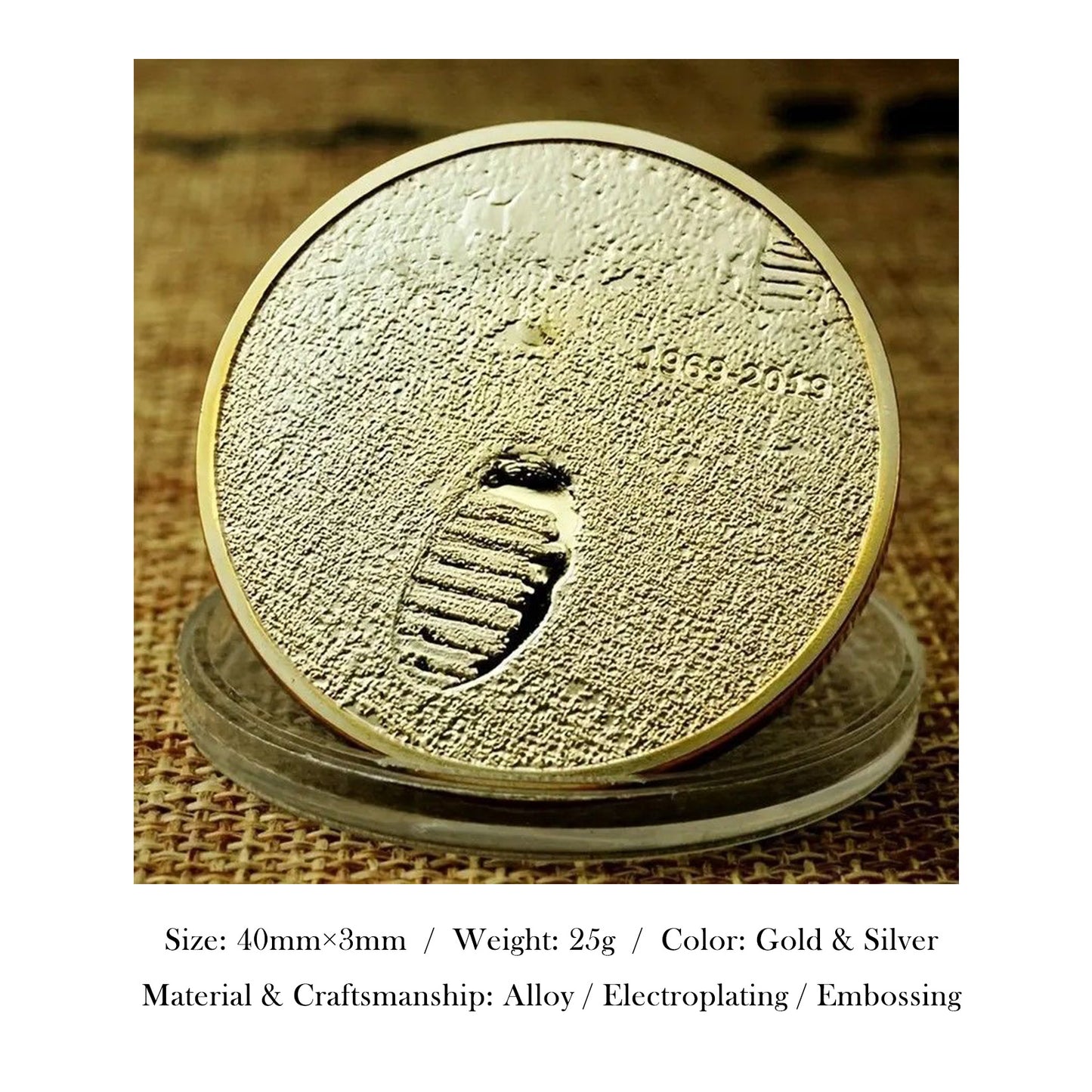Commemorative Moon Landing Gold Coin – 50th Anniversary Apollo 11, 2-Sided Design with Earth & Lunar Surface