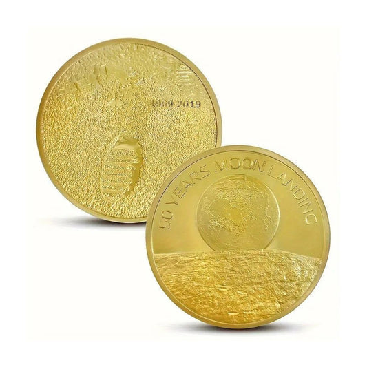 Commemorative Moon Landing Gold Coin – 50th Anniversary Apollo 11, 2-Sided Design with Earth & Lunar Surface