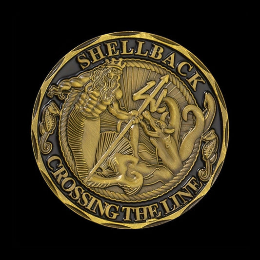 Shellback "King Neptune" Commemorative Coin - Gold-Toned Navy Tradition with Sea Serpent Design