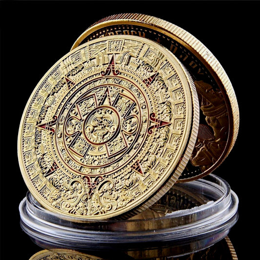 Mayan Calendar Gold-Toned Commemorative Coin – Ancient Glyphs & Falcon Design