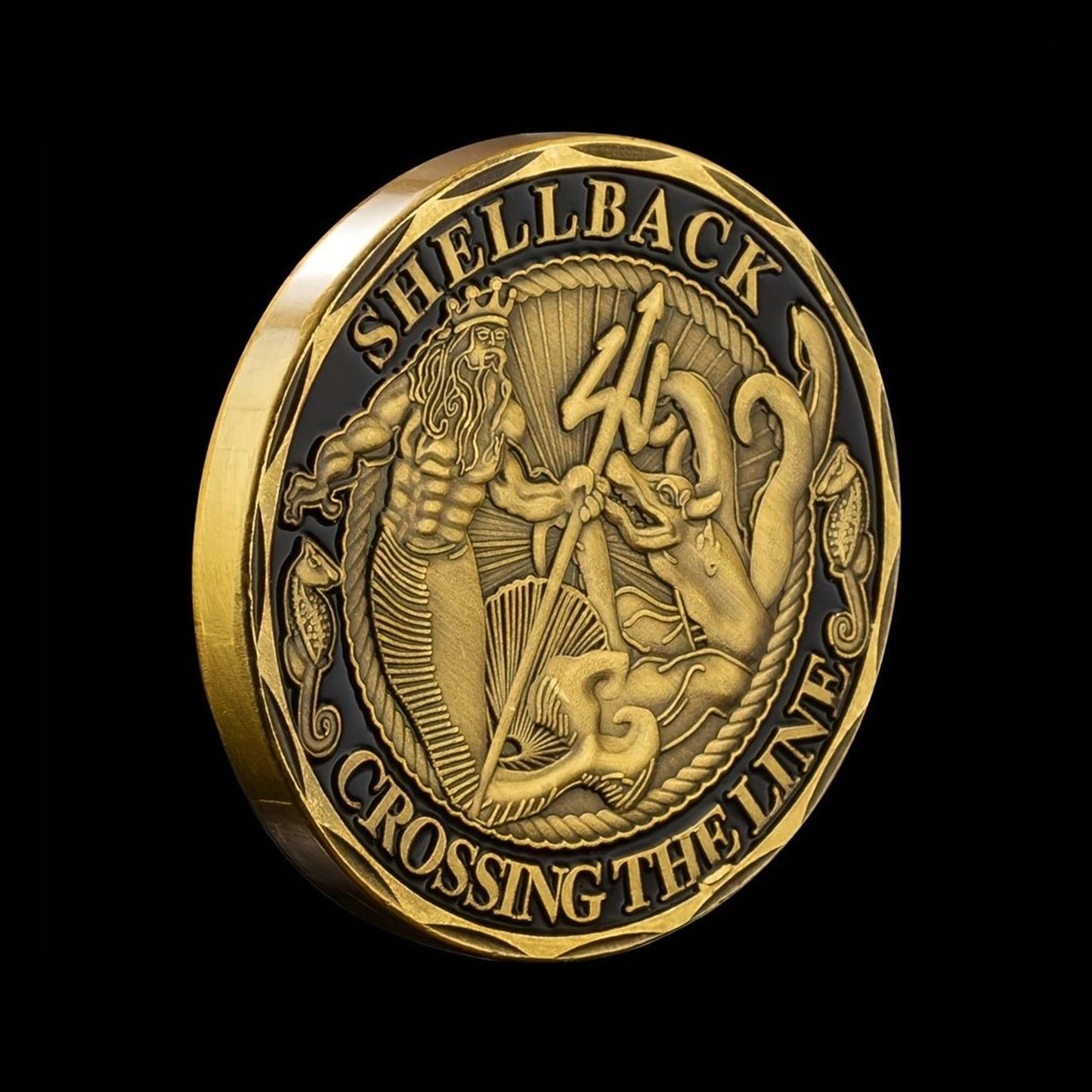 Shellback "King Neptune" Commemorative Coin - Gold-Toned Navy Tradition with Sea Serpent Design