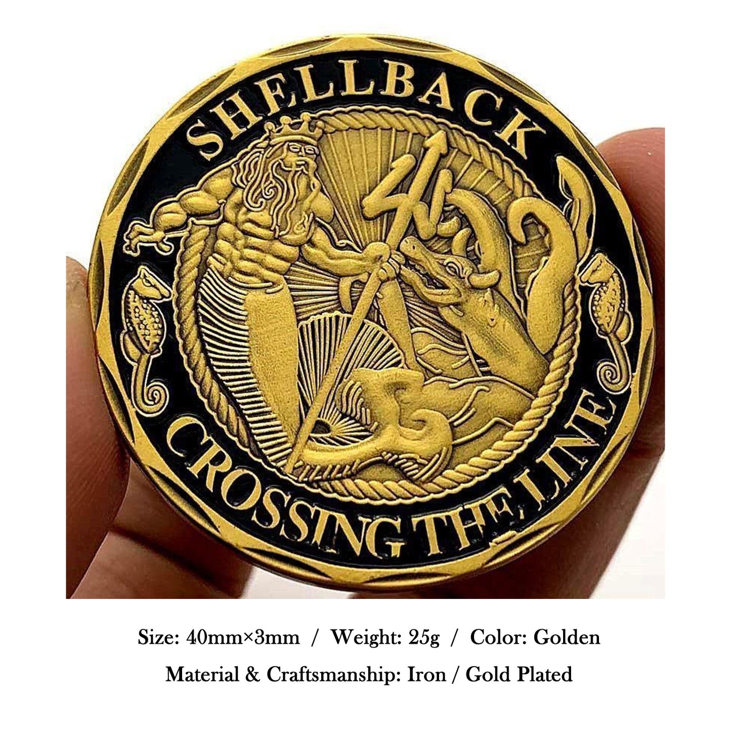Shellback "King Neptune" Commemorative Coin - Gold-Toned Navy Tradition with Sea Serpent Design
