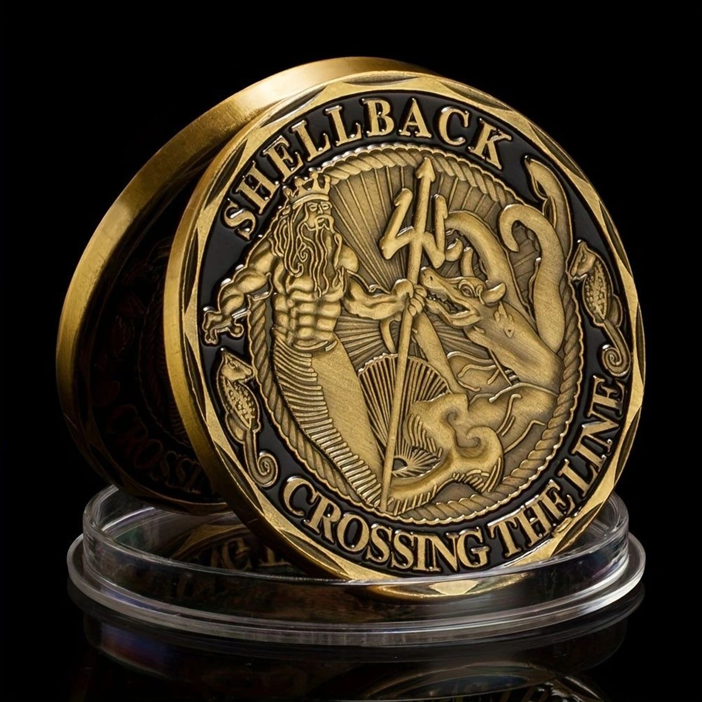Shellback "King Neptune" Commemorative Coin - Gold-Toned Navy Tradition with Sea Serpent Design